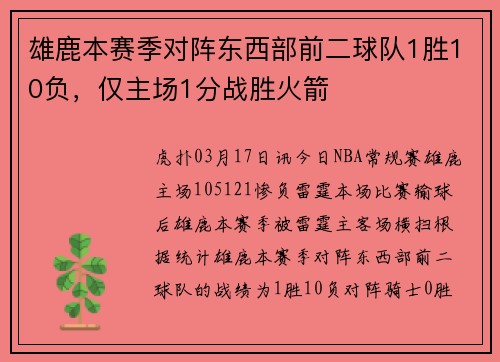 雄鹿本赛季对阵东西部前二球队1胜10负，仅主场1分战胜火箭