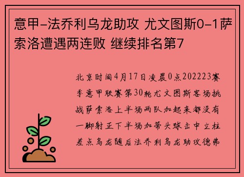 意甲-法乔利乌龙助攻 尤文图斯0-1萨索洛遭遇两连败 继续排名第7
